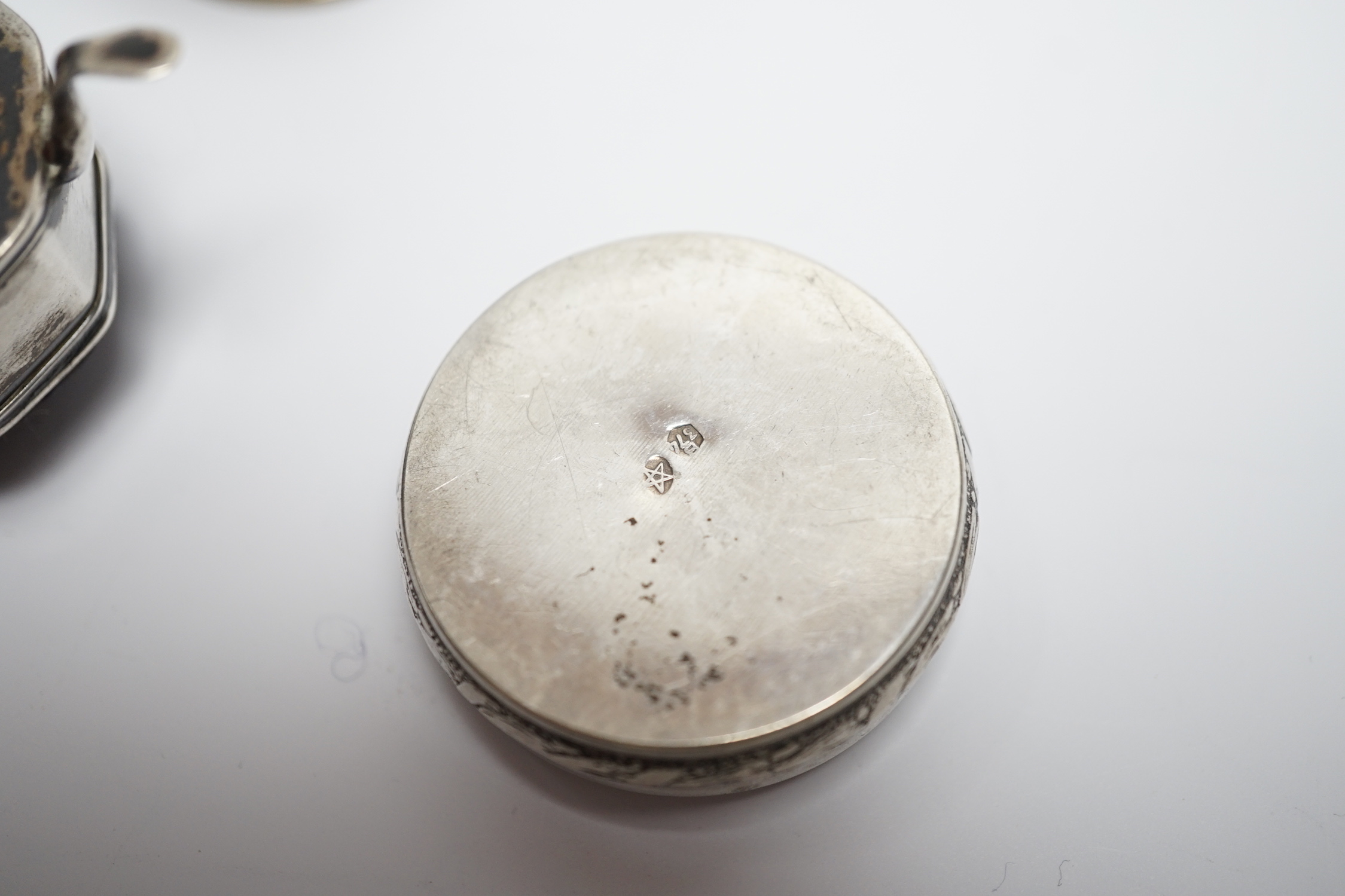 A late Victorian silver bun salt and other items including silver mounted pin cushion, silver shell salt, spoons etc.